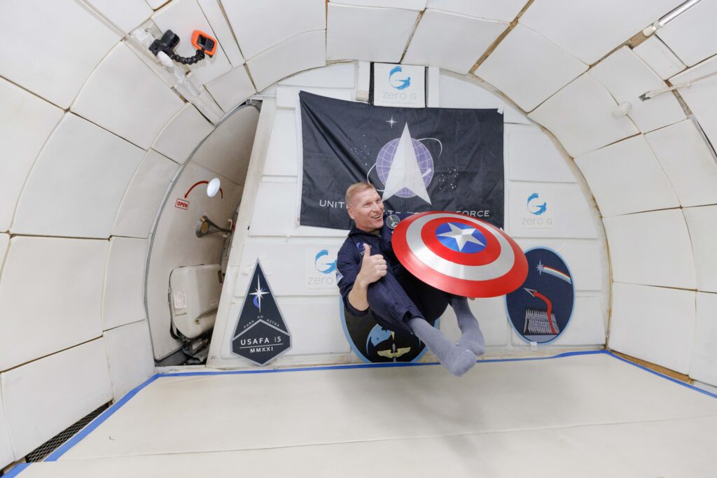 United States Space Force floating in Zero g on a zero g flight 